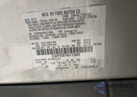 2017 Ford Taurus Sel from USA, damaged, VIN 1FAHP2E87HG112604